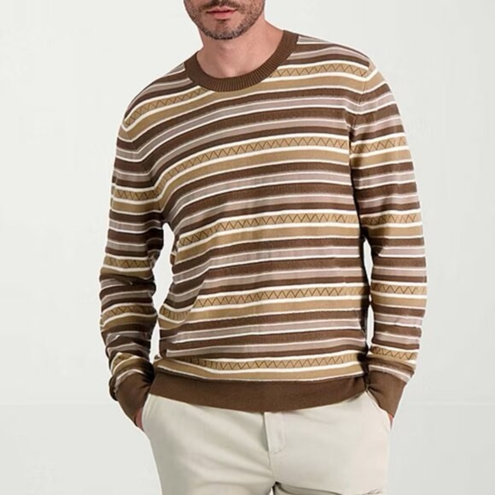 NEW Haggar Men's Regular Fit‎ Long Sleeve Stripe Ribbed Crewneck Brown